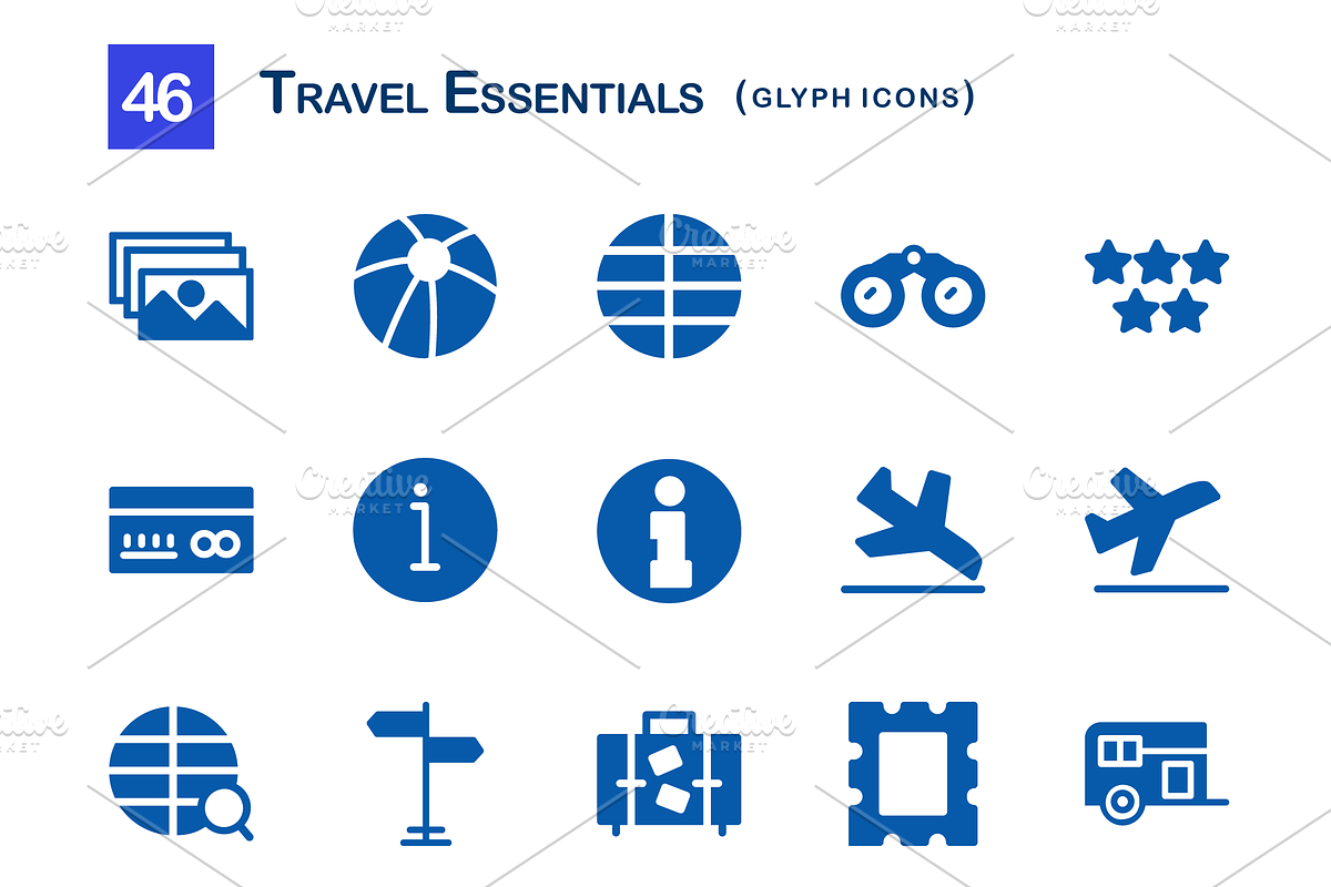 46 Travel Essentials Glyph Icons, an Outline Icon by Vectopus.com