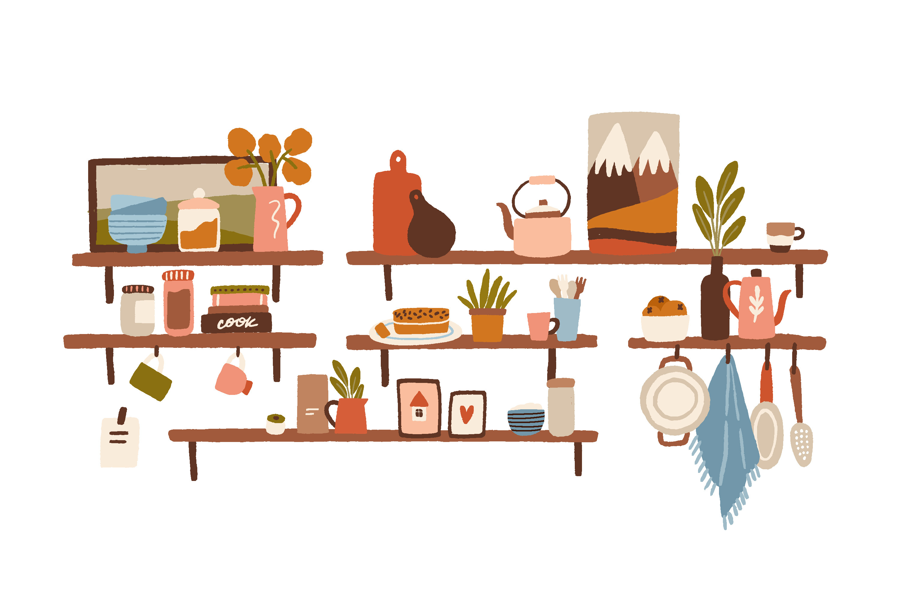 Cozy kitchen shelves, an Illustration by Good Studio