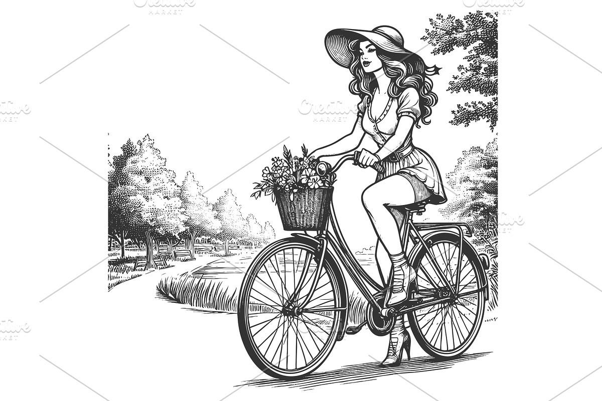 woman riding bicycle outdoors vector, a Person Illustration by AlexArt