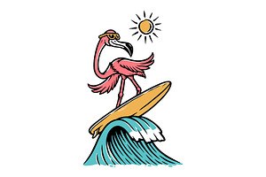 flamingo is surfing on the beach, an Animal Illustration by gunaonedesign