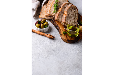 Fresh bread, olive oil and mix of