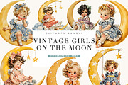 Vintage Girls on the Moon Clipart, a Person Illustration by BusyDaydesign (Thumbnail 1 of 9)