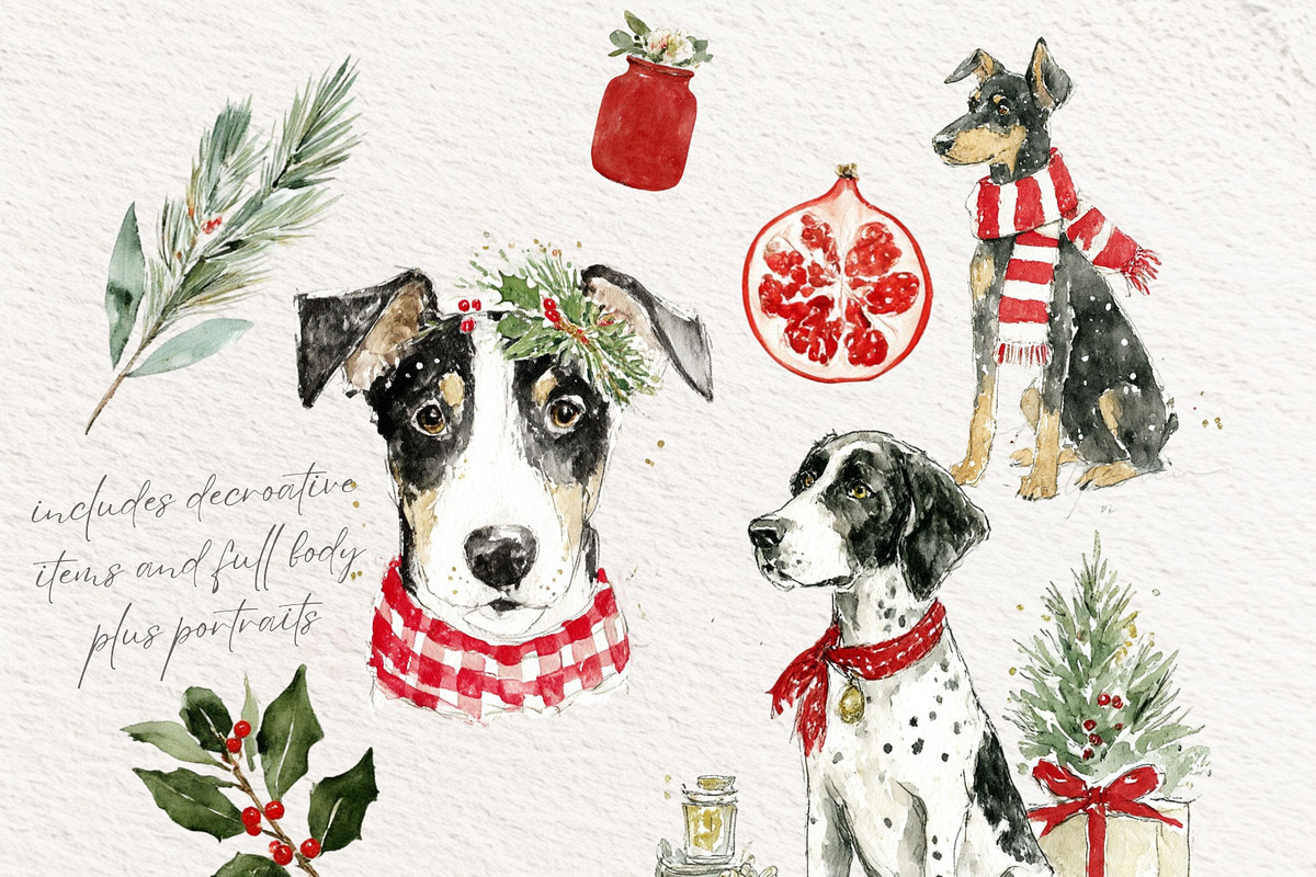 Christmas Watercolor Dogs Clipart, a Seasonal Illustration by artinspirestudio (Photo 6 of 8)