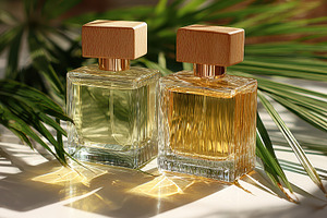 Two perfume bottles with wooden caps, a Photo by Pixeness Studio
