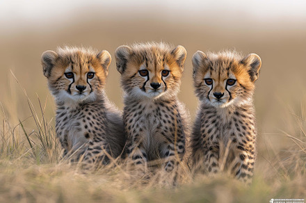 Three playful cheetah cubs resting t, a Photo by Tanuart