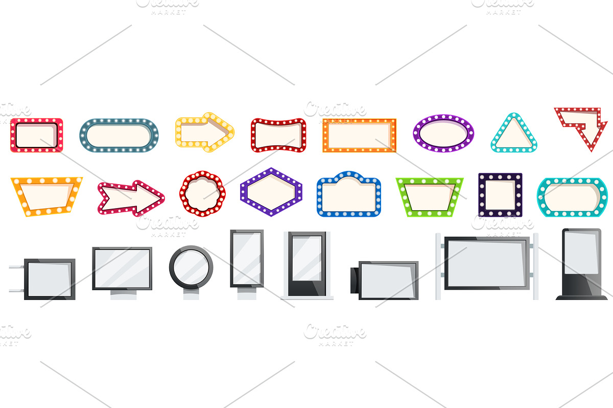 Signboard lights promotion icons set, an Illustration by Ylivdesign