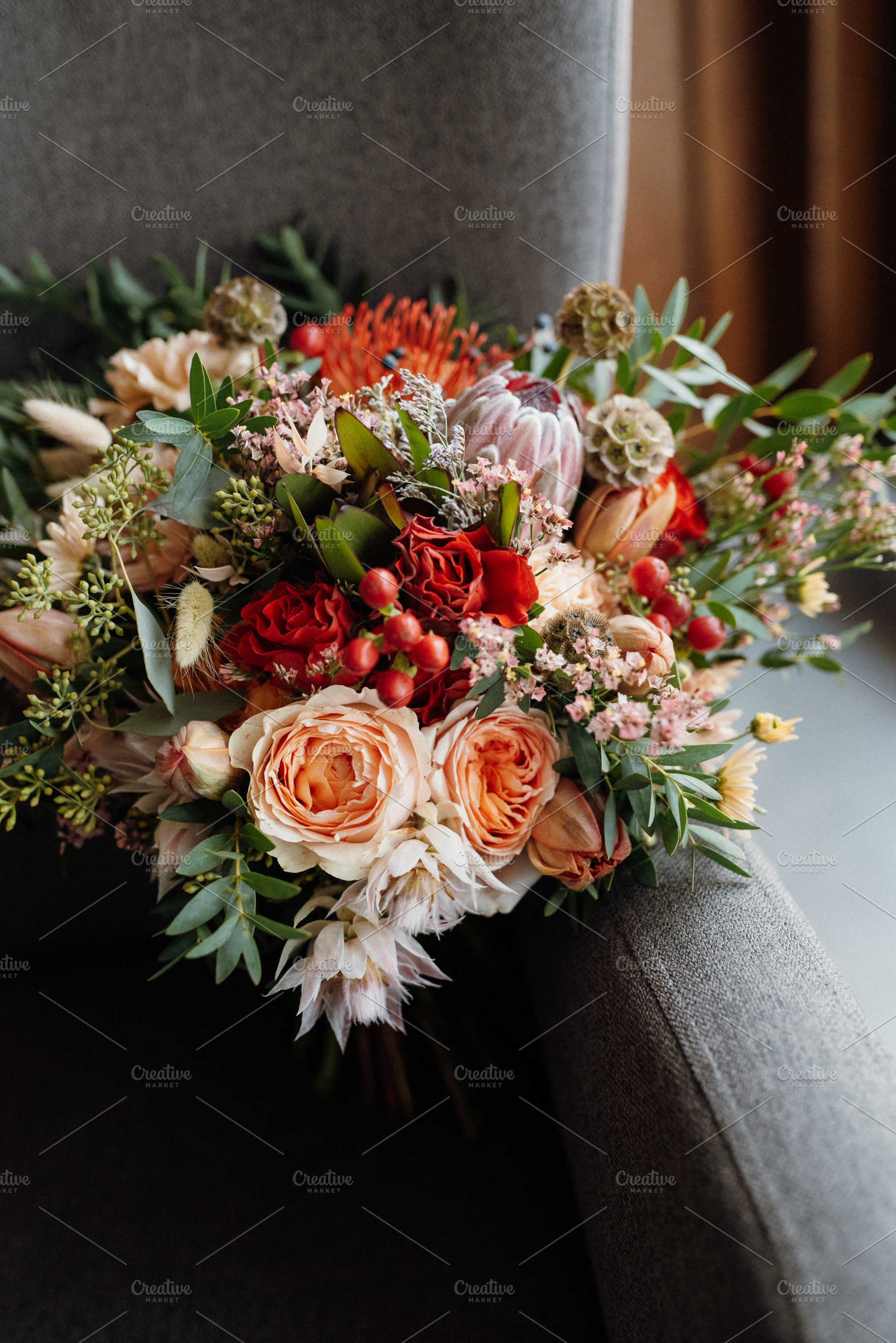 bridal bouquet in red autumn shades dried flowers, a Beauty & Fashion Photo by Weddings, People, Travel