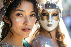 Beauty young woman with a handmade mask on a carnival costume, a Person Photo by DanFLCreativo