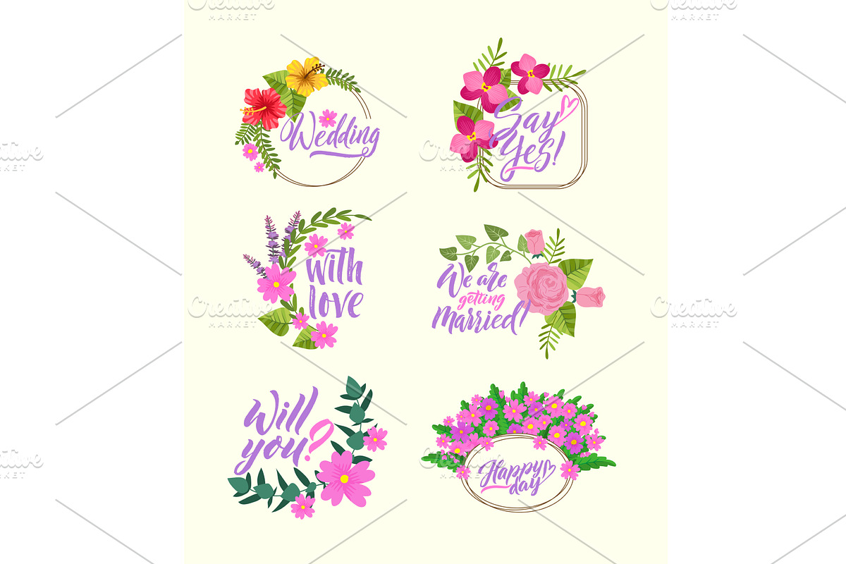 Wedding badges. floral design labels, an Illustration by Onyx