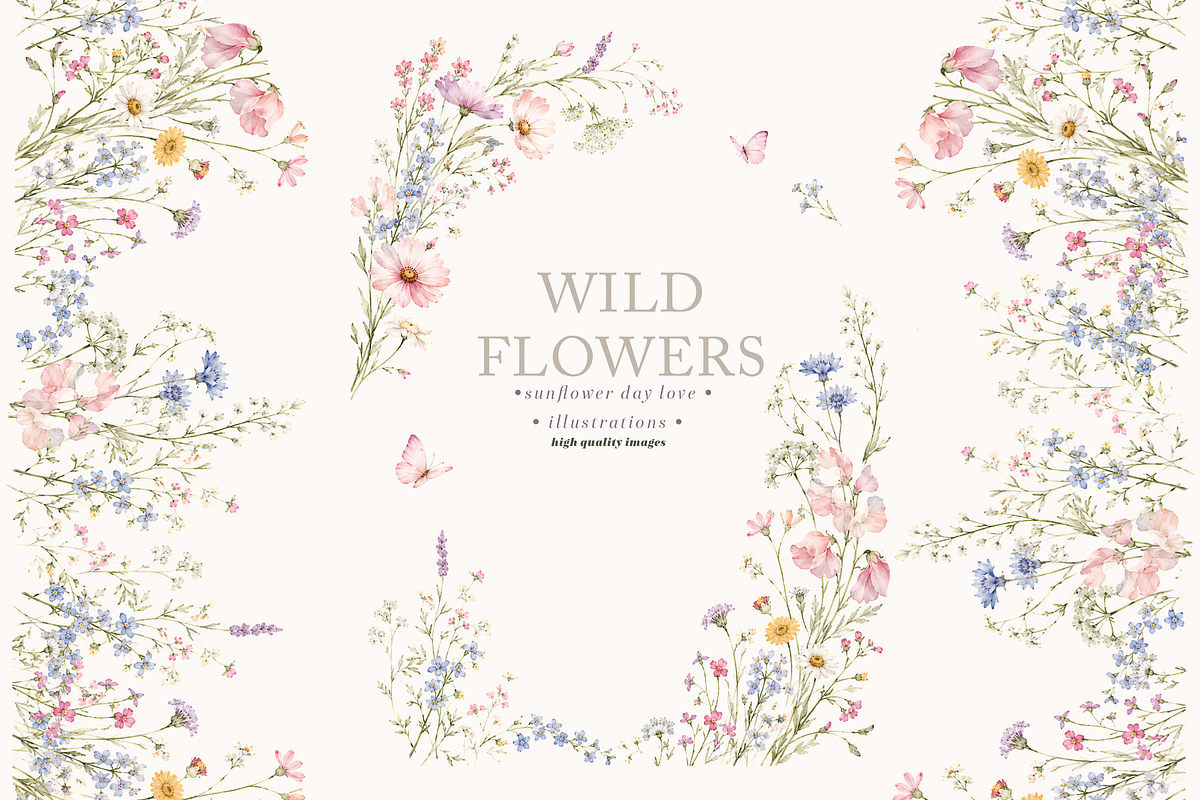 Pink Wildflowers Butterflies Clipart, a Seasonal Illustration by Sunflower Day Love (Photo 1 of 4)