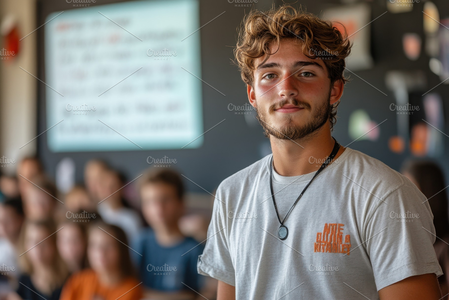 Young man smiles confidently in clas, a Photo by Tanuart