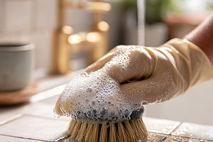 Cleaning white ceramic tiles with brush and soapy water in a bright kitchen set, a Photo by AlyaAnd