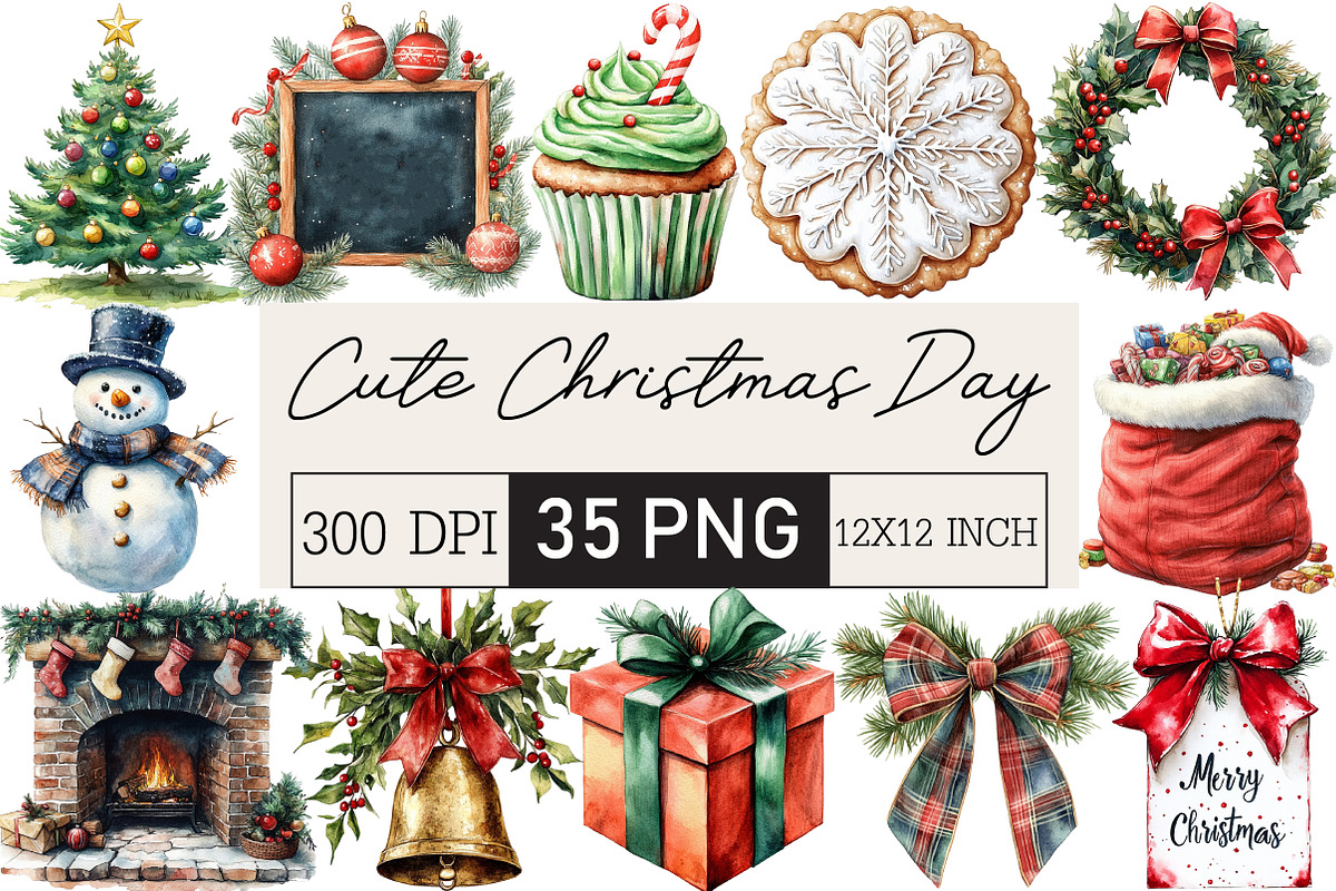 Cute Christmas Day Clipart, an Illustration by Black Bird Studio (Photo 1 of 6)