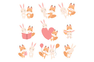 Lovely White Little Bunny and Fox, an Animal Illustration by TopVectors