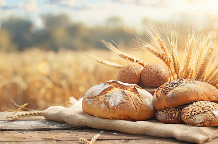 Fresh baked bread on table on wheat field background, a Food & Drink Photo by AlyaAnd