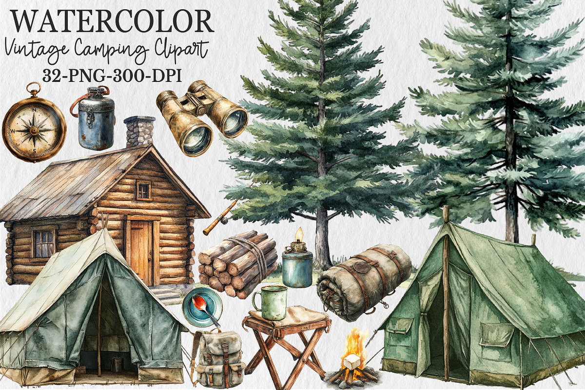 Watercolor Vintage Camping Clipart, a Seasonal Illustration by Rose Art (Photo 1 of 4)