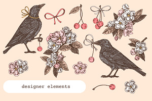 Cherry Crows. Seamless Patterns