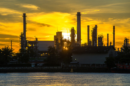 Oil refinery factory at twilight stock photo containing energy and petroleum, an Industrial Photo by Casanowe-studio