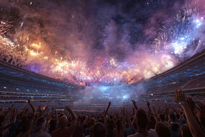 Fireworks explode over a stadium cro, a Photo by Pixeness Studio