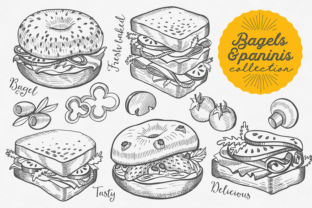 Bagels & Paninis hand-drawn graphic, a Food Illustration by BarcelonaShop (Photo 1 of 5)