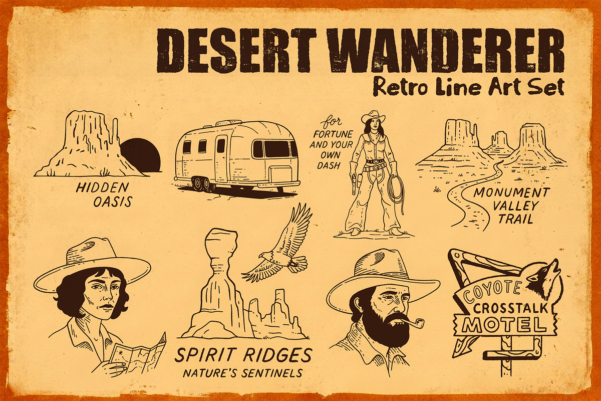 Desert Wanderer: Retro Line Art Set, a Decorative Illustration by Bromz Studio (Photo 1 of 3)