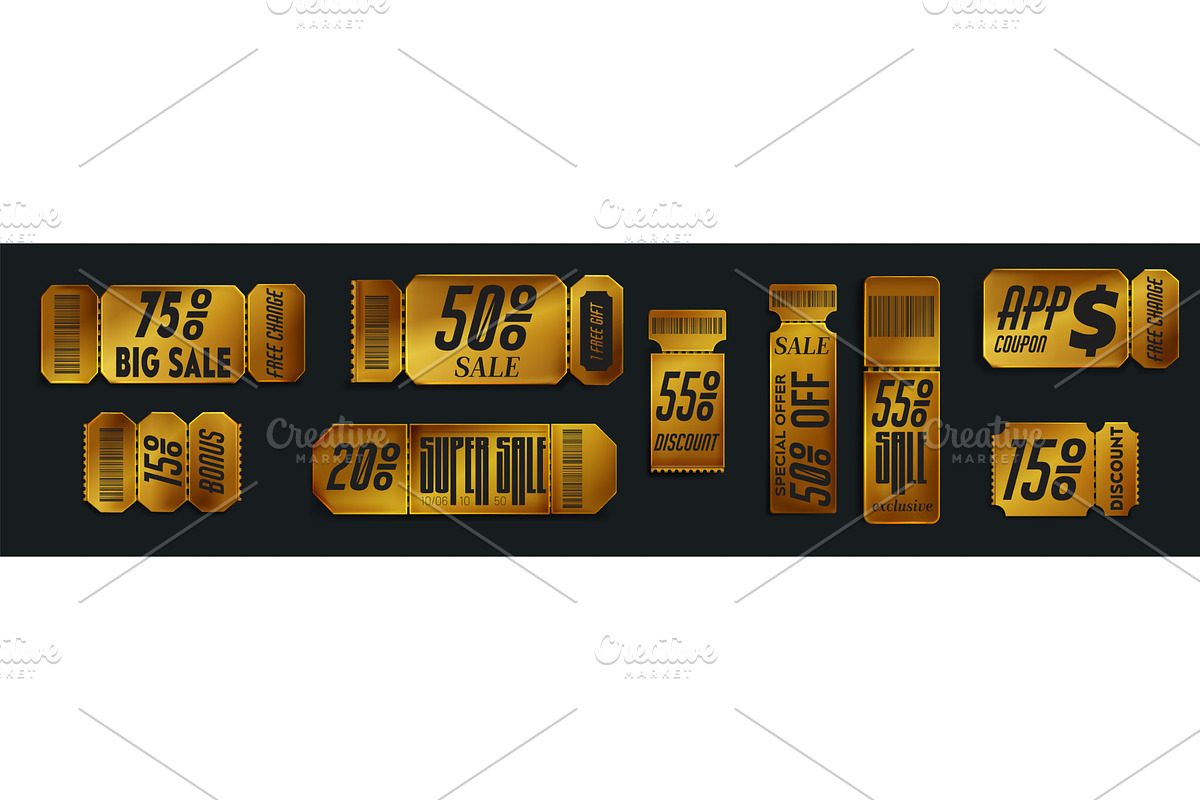 Golden discount tickets and sale, an Object Illustration by art PVP - market
