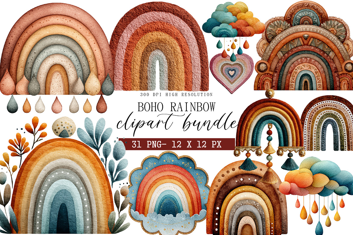 Watercolor Boho Rainbow Clipart, an Illustration by DreamArtGraphic (Photo 1 of 4)