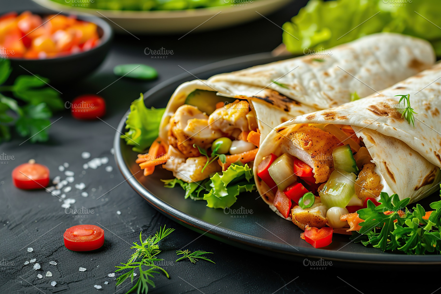 Tortilla wrap with fried chicken and fresh vegetables on grey background, a Food & Drink Photo by AlyaAnd