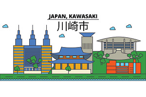 Japan, Kawasaki. City Skyline: Architecture, Buildings, Streets, Silhouette, Landscape, Panorama, Landmarks. Editable Strokes. Flat Design Line Vector