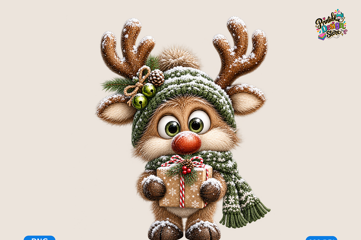 Snowy Christmas Reindeer Gift Bearer, a Seasonal Illustration by Printable Design Store (Photo 1 of 3)