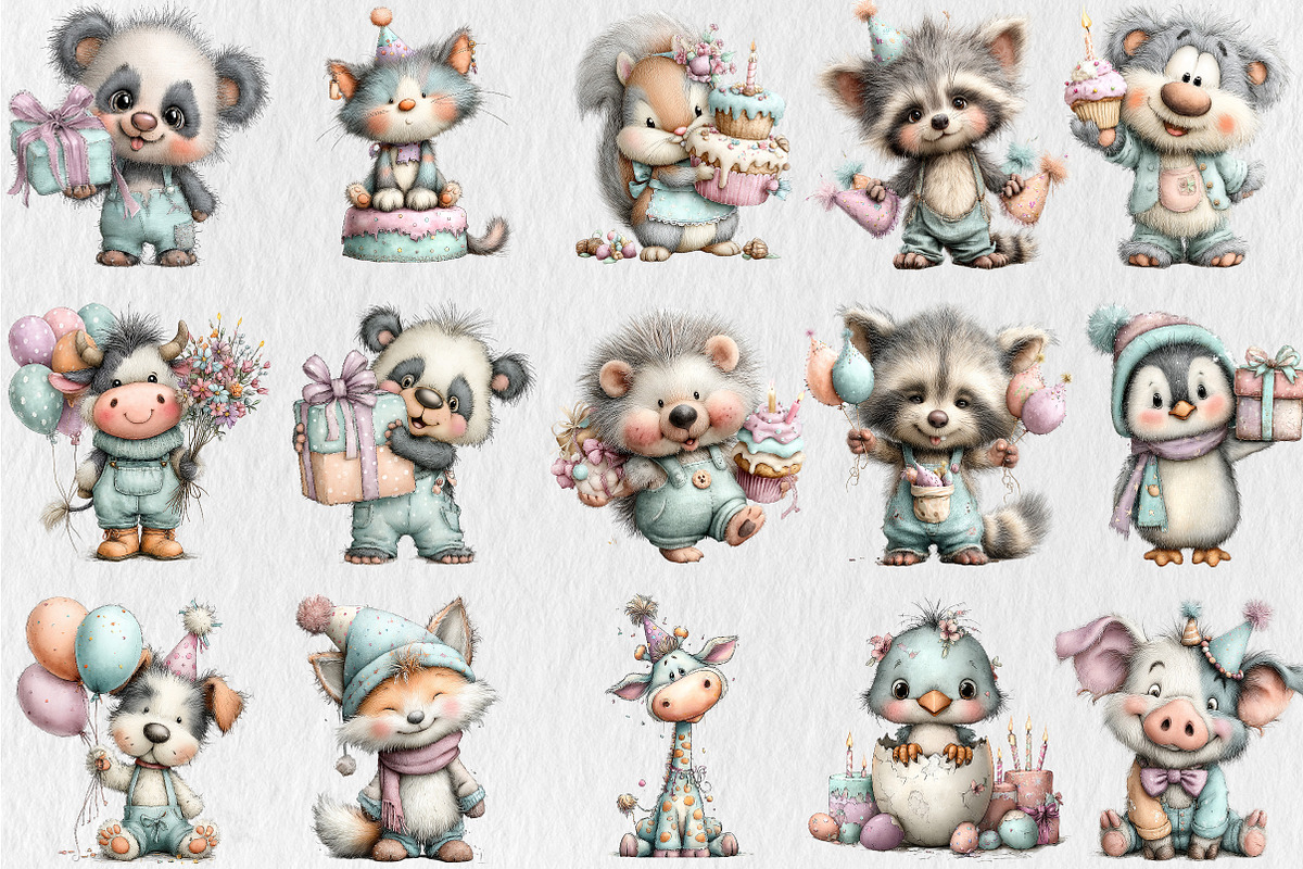 Whimsical Birthday Animal Clipart, a Seasonal Illustration by Rose Art (Photo 3 of 6)