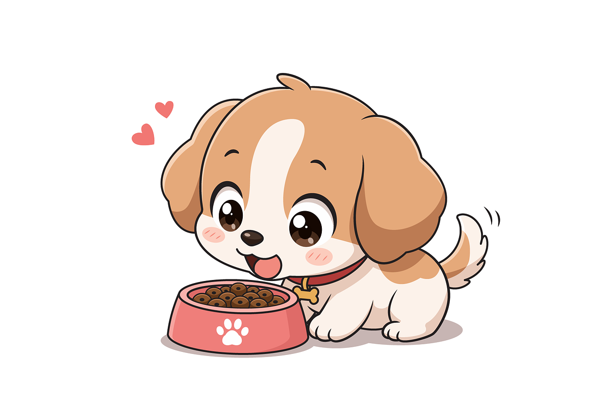 Chibi Puppy Eating Dog Food Cartoon, an Animal Illustration by Artpon Illustration (Photo 2 of 3)