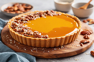 Delicious pecan pie with caramel topping, a Food & Drink Photo by AlyaAnd