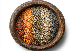 Assorted lentils in a wooden bowl he, a Photo by Pixeness Studio