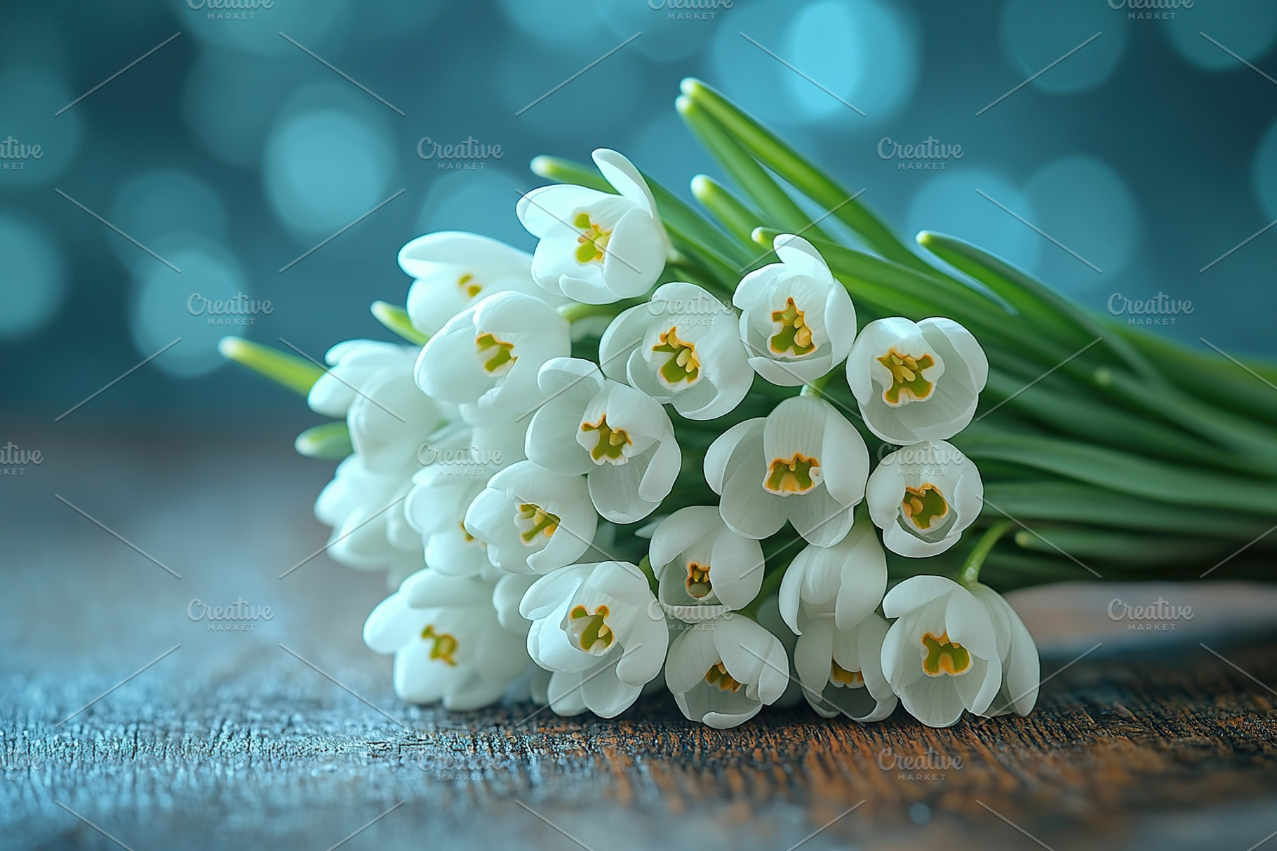 Bouquet of snowdrop flowers on blue background, a Nature Photo by AlyaAnd