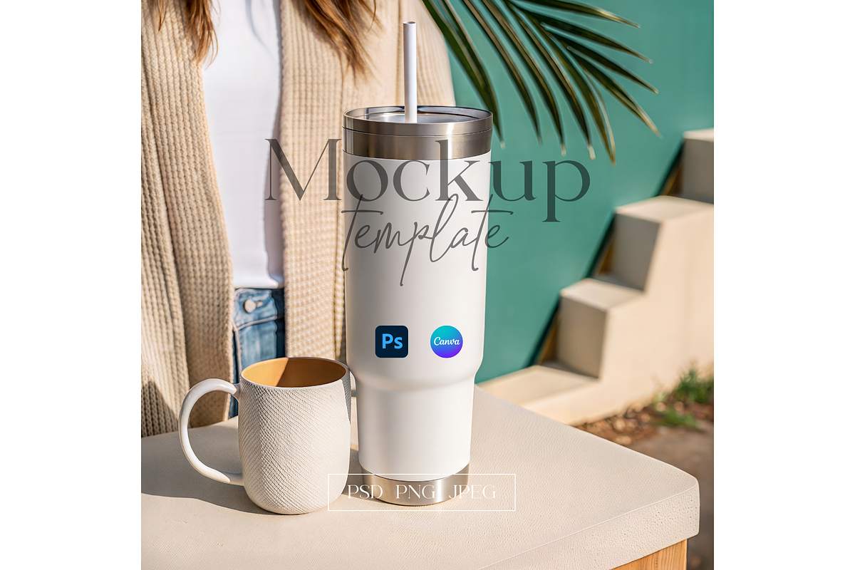 Travel Tumbler & Mug Scene PSD, a Product Mockup by MockupWizard (Photo 1 of 5)