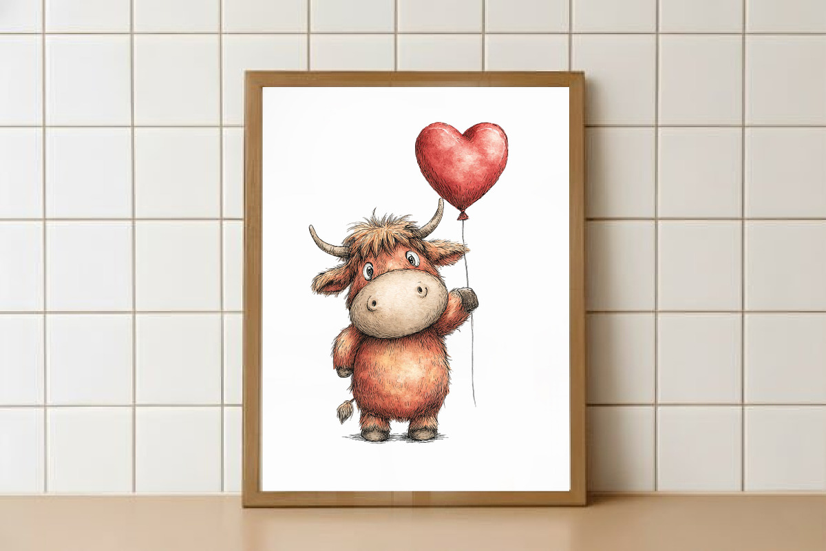 Quirky Valentine Highland Cow Clipar, an Illustration by Watercolor design (Photo 4 of 5)