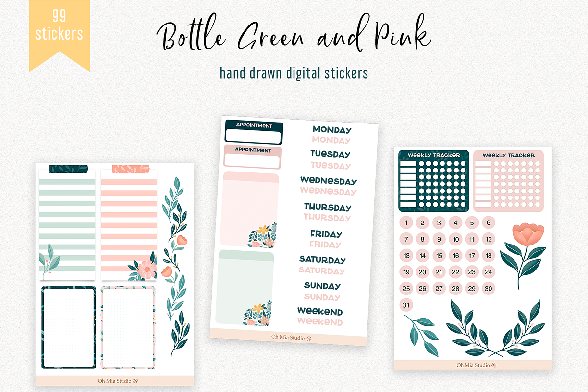 Floral Digital stickers Bottle Green, an Illustration by Oh Mia Studio (Photo 3 of 3)