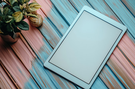 Blank white tablet screen on colorful wooden surface with potted plant in backg, a Technology Photo by AlyaAnd