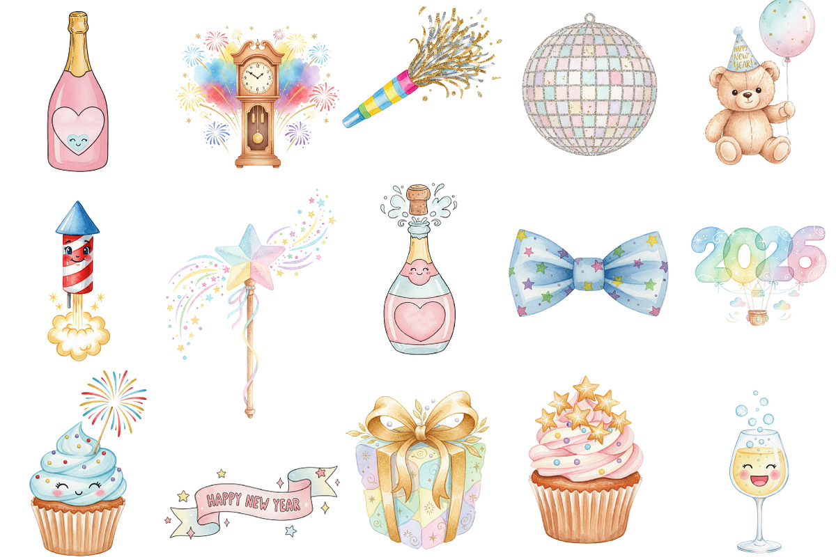 Watercolor Cute New Year Clipart, an Illustration by Designking (Photo 2 of 5)