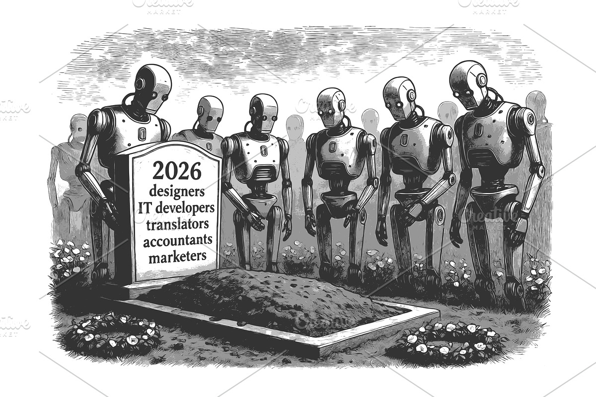 Robots Standing Over Grave of Human, a Technology Illustration by AlexArt