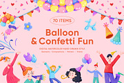 Balloon & Confetti Fun Watercolor, a Seasonal Illustration by CreativeValuation (Thumbnail 1 of 11)