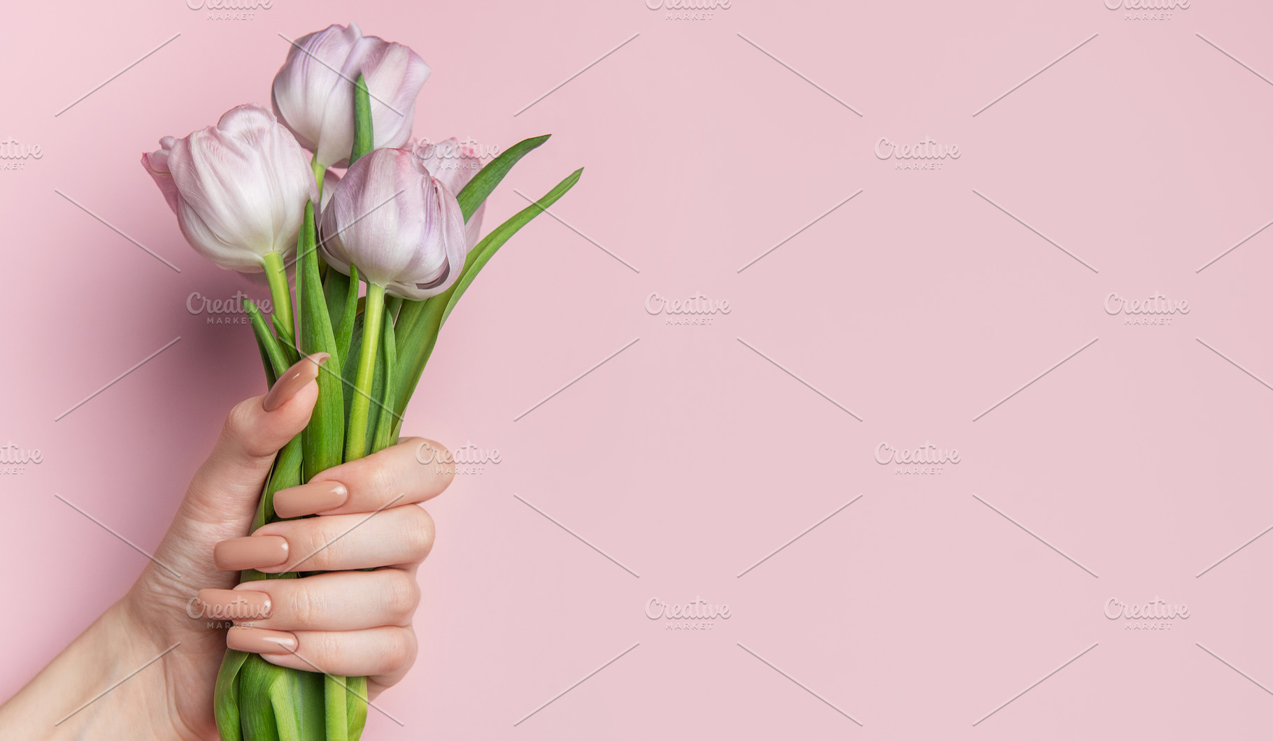 Woman hand holding beautiful pink tulips showing manicure nails, a Beauty & Fashion Photo by Olena Rudo
