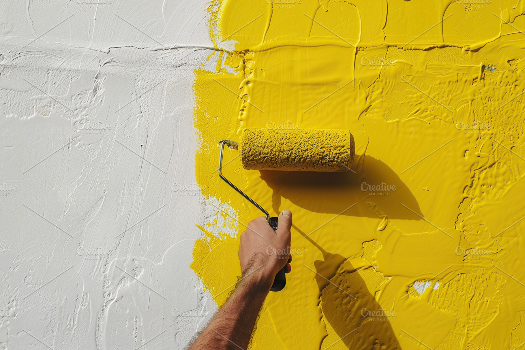 Female hand holding roller brush with yellow paint on the wall, an Arts & Entertainment Photo by AlyaAnd