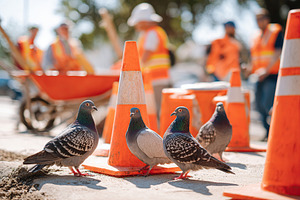 Workers engage in construction while pigeons linger near traffic cones, a Photo by AlyaAnd