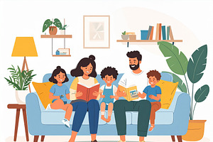 Happy family spending time together reading inside their home, a Person Illustration by DanFLCreativo