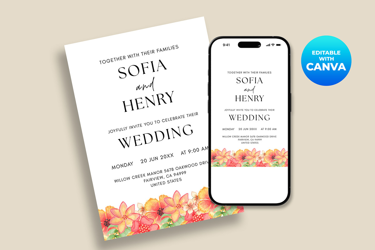 Minimalist Floral Wedding Invitation, an Invitation Template by M9 Design (Photo 3 of 5)