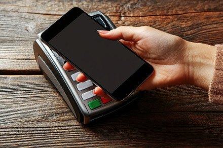 Using smartphone for paying through POS terminal of contactless, a Technology Photo by AlyaAnd