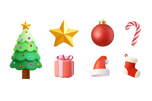 3D Christmas icons set with tree and, an Object Illustration by ModVector
