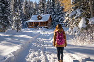Woman walking towards snowy cabin wi, a Photo by Pixeness Studio